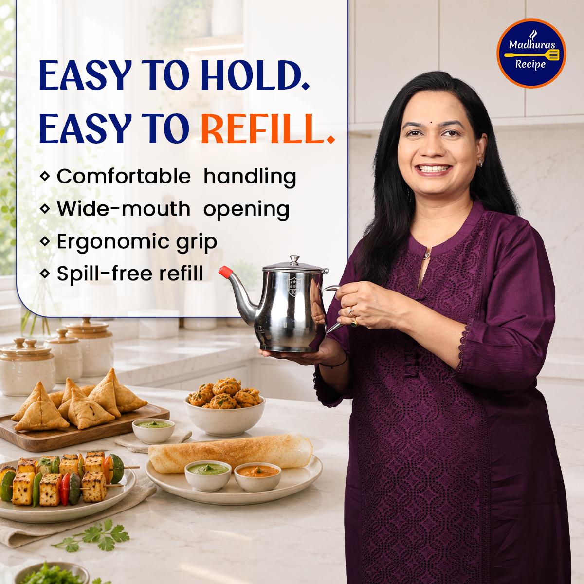 Madhuras Recipe Premium Stainless Steel Oil Filter & Storage Pot, 1 Liter, 2-in-1 Precision Mesh Strainer & Daily Oil Container, Ergonomic Handle & Lid for Healthy Cooking