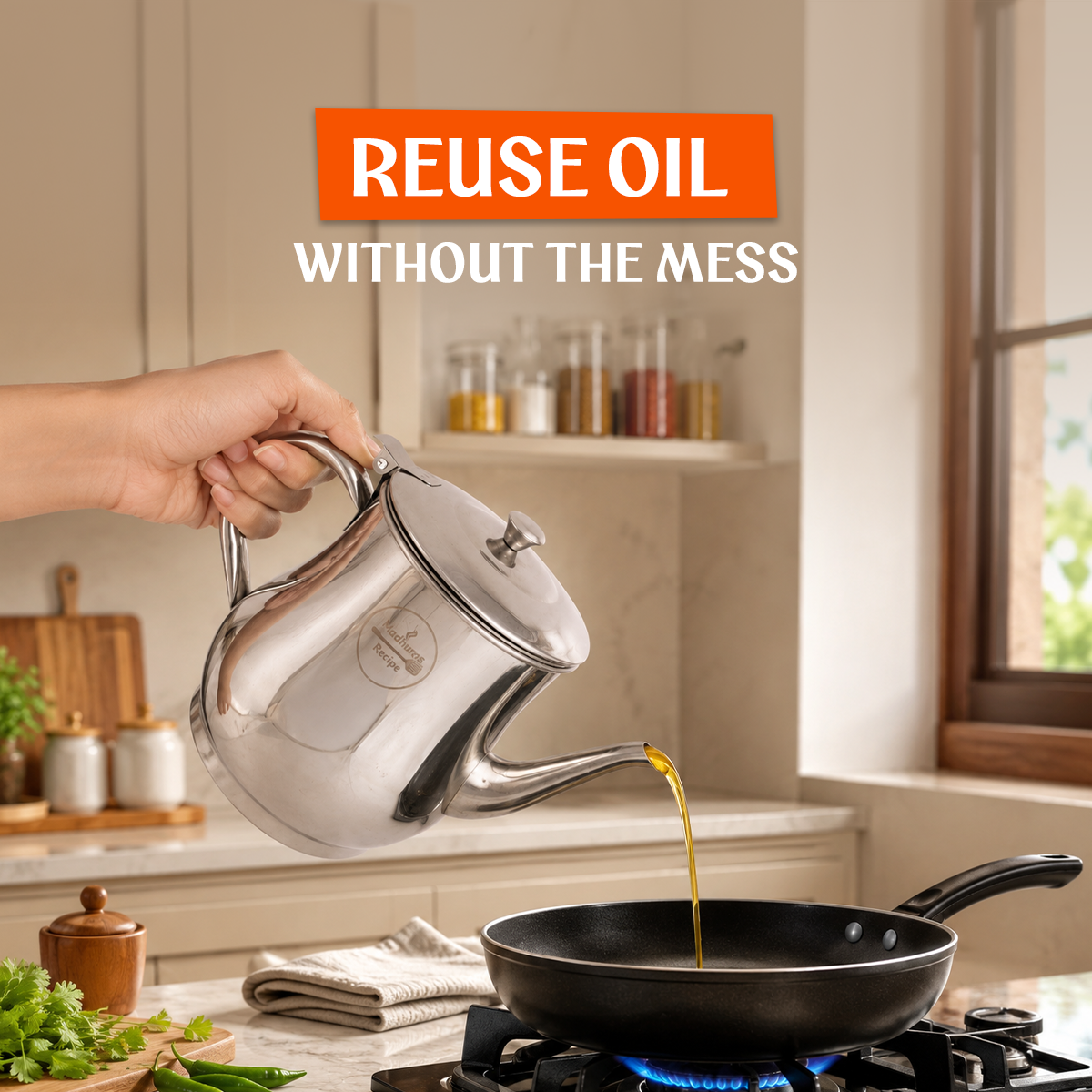 Madhuras Recipe Premium Stainless Steel Oil Filter & Storage Pot, 1 Liter, 2-in-1 Precision Mesh Strainer & Daily Oil Container, Ergonomic Handle & Lid for Healthy Cooking