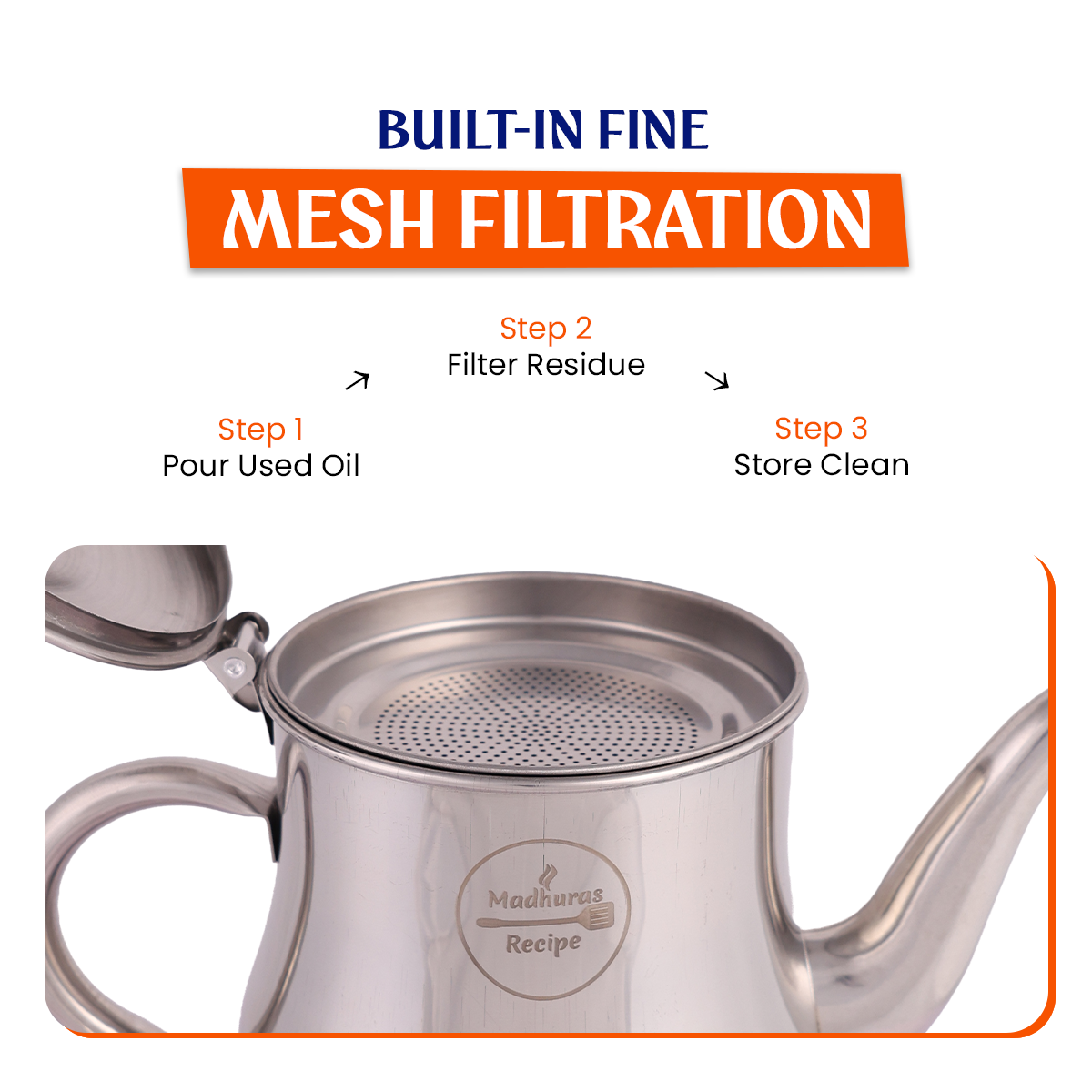 Madhuras Recipe Premium Stainless Steel Oil Filter & Storage Pot, 1 Liter, 2-in-1 Precision Mesh Strainer & Daily Oil Container, Ergonomic Handle & Lid for Healthy Cooking