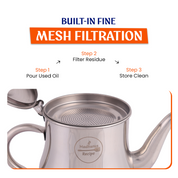 Madhuras Recipe Premium Stainless Steel Oil Filter & Storage Pot, 1 Liter, 2-in-1 Precision Mesh Strainer & Daily Oil Container, Ergonomic Handle & Lid for Healthy Cooking