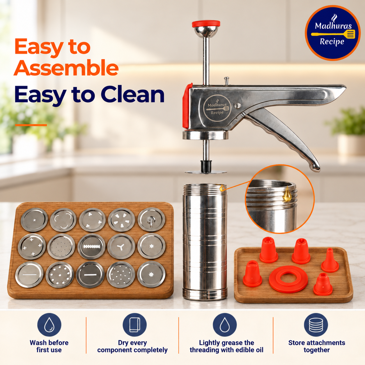 Madhura’s Recipe Stainless Steel Kitchen Press | 21-in-1 Chakali, Sev, Murukku & Snack Maker with 15 Jalis & 6 Nozzles