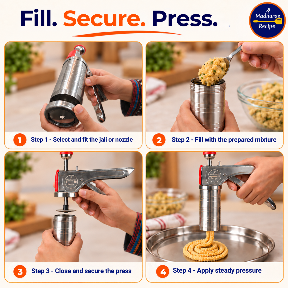Four-step process showing how to use the stainless steel kitchen press