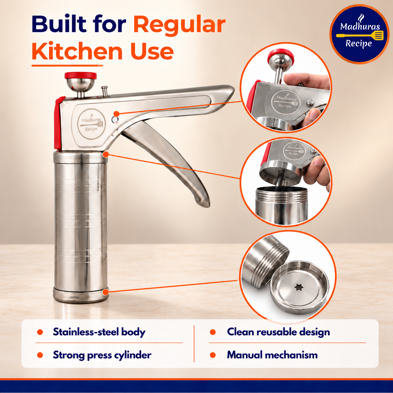 Madhura’s Recipe Stainless Steel Kitchen Press | 21-in-1 Chakali, Sev, Murukku & Snack Maker with 15 Jalis & 6 Nozzles