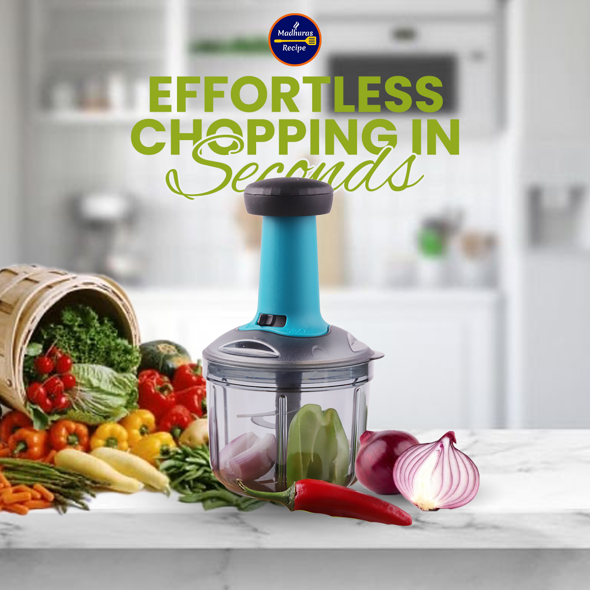 Madhura’s Recipe 900ml Manual Push Chopper – 4 Stainless Steel Blades