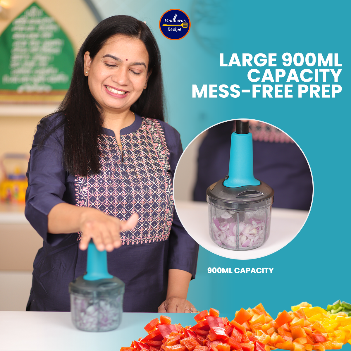 900ml manual push chopper chopping vegetables with four stainless steel blades