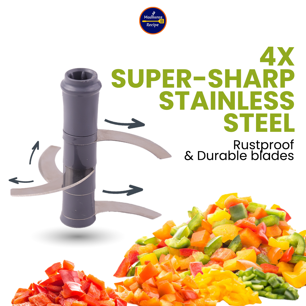 Madhura’s Recipe 900ml Manual Push Chopper – 4 Stainless Steel Blades