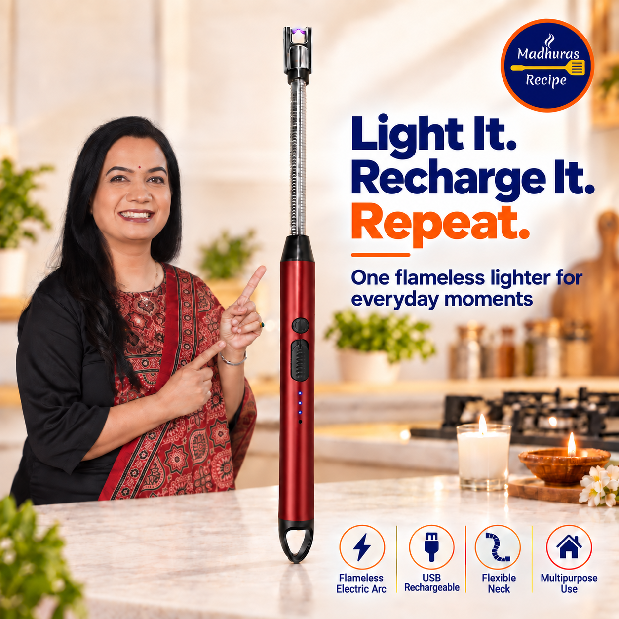 Madhura’s Recipe USB Rechargeable Electric Lighter | Flameless Arc Kitchen & Candle Lighter